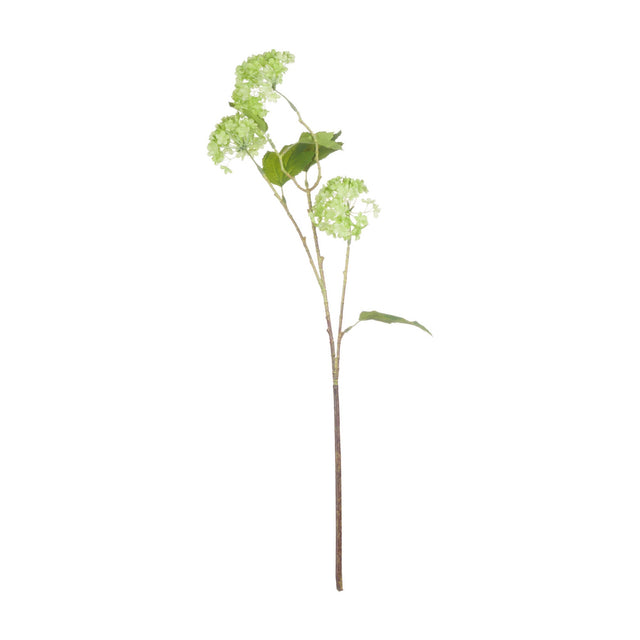 Hill Interiors Green Viburnum Spray faux plant stem with domed pale green flower clusters and veined leaves on a plastic branch, shown on a white background.