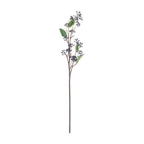 Hill Interiors Viburnum Berry faux stem with matte blue berry clusters and veined green leaves on a slender brown stem, on a white background.