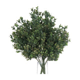 Hill Interiors Red Tipped Leaf Spray faux foliage stems arranged in a slim clear glass vase, showing dense green leaves against a plain white background.