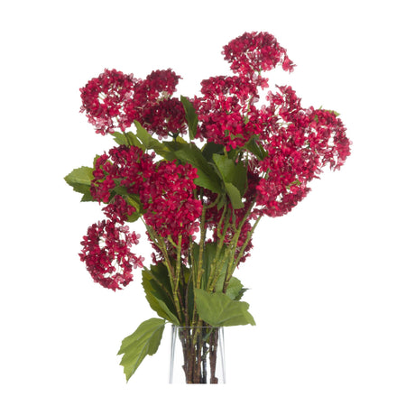 Hill Interiors Red Autumnal Viburnum faux flower stems with clustered red blooms and green leaves, arranged in a clear glass vase on a white background.