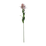Hill Interiors Stargazer Lily faux stem with white and pink ruffled petals, green leaves and a tall slender stem, shown on a plain white background.