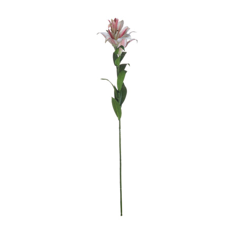 Hill Interiors Stargazer Lily faux stem with white and pink ruffled petals, green leaves and a tall slender stem, shown on a plain white background.