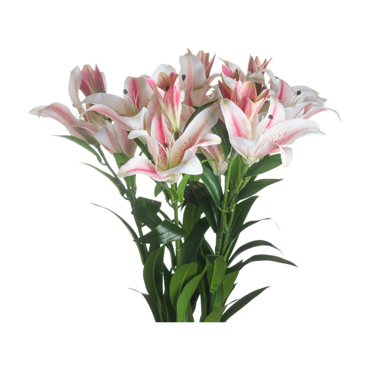 Hill Interiors Stargazer Lily faux stem with white and pink ruffled petals, speckled centres and green leaves, shown against a plain white background.