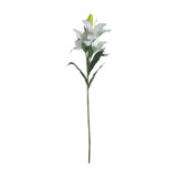 Hill Interiors White Lily faux flower stem with open white blooms, closed bud and veined green leaves on a bendable stem, shown on a plain white background.