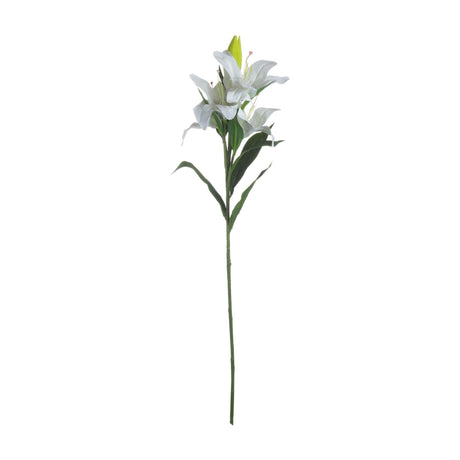 Hill Interiors White Lily faux flower stem with open white blooms, closed bud and veined green leaves on a bendable stem, shown on a plain white background.
