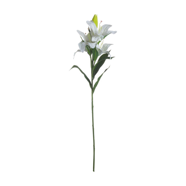 Hill Interiors White Lily faux flower stem with open white blooms, closed bud and veined green leaves on a bendable stem, shown on a plain white background.