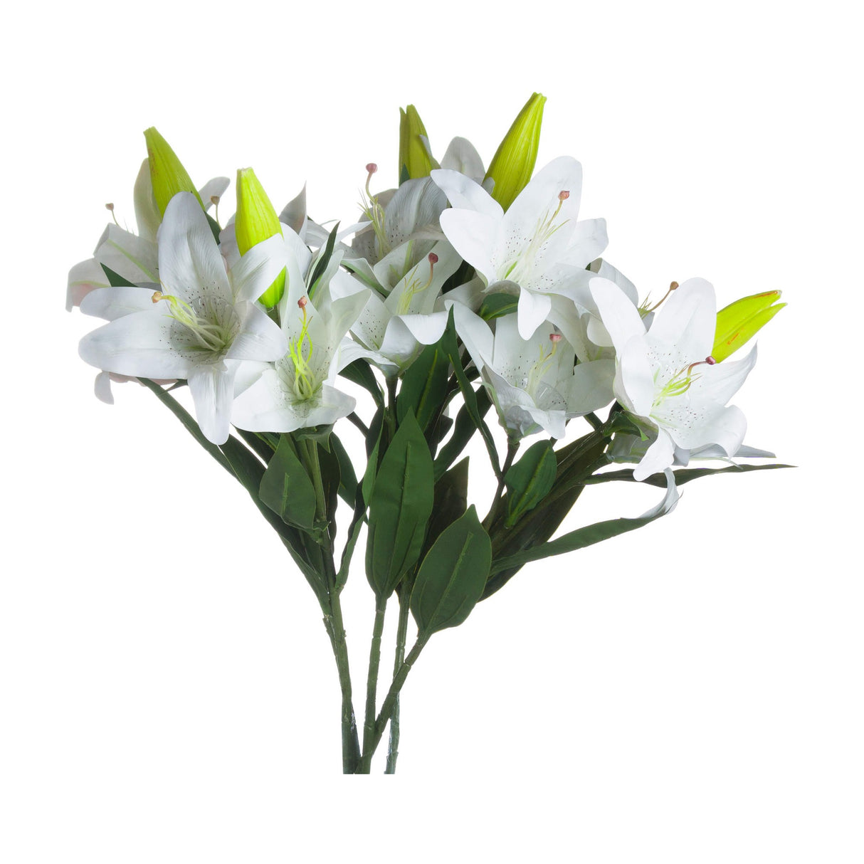 Hill Interiors White Lily faux flower stems with open blooms, closed green buds, and veined leaves, shown against a plain white background.