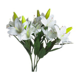Hill Interiors White Lily faux flower stems with open blooms, closed green buds, and veined leaves, shown against a plain white background.