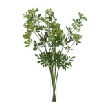 Hill Interiors Faux Cow Parsley Ammi stems with green feathery foliage and clustered florets, arranged in a clear glass vase against a white background.