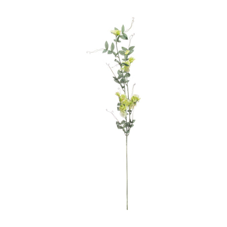 Hill Interiors Sweet Pea Trail faux flower stem with pale green ruffled blooms, trailing green foliage and curling tendrils on a plain white background.