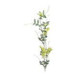 Hill Interiors Sweet Pea Trail faux stem with ruffled green blooms, tapered leaves and curling tendrils on a bendable plastic stem, white background.