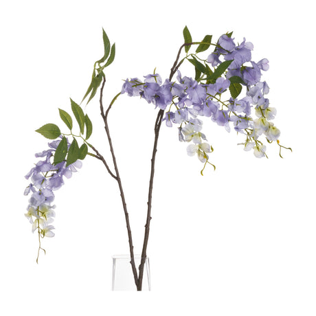 Hill Interiors Lilac Wisteria faux flower stem with cascading purple blooms and green leaves, displayed in a clear glass vase against a white background.