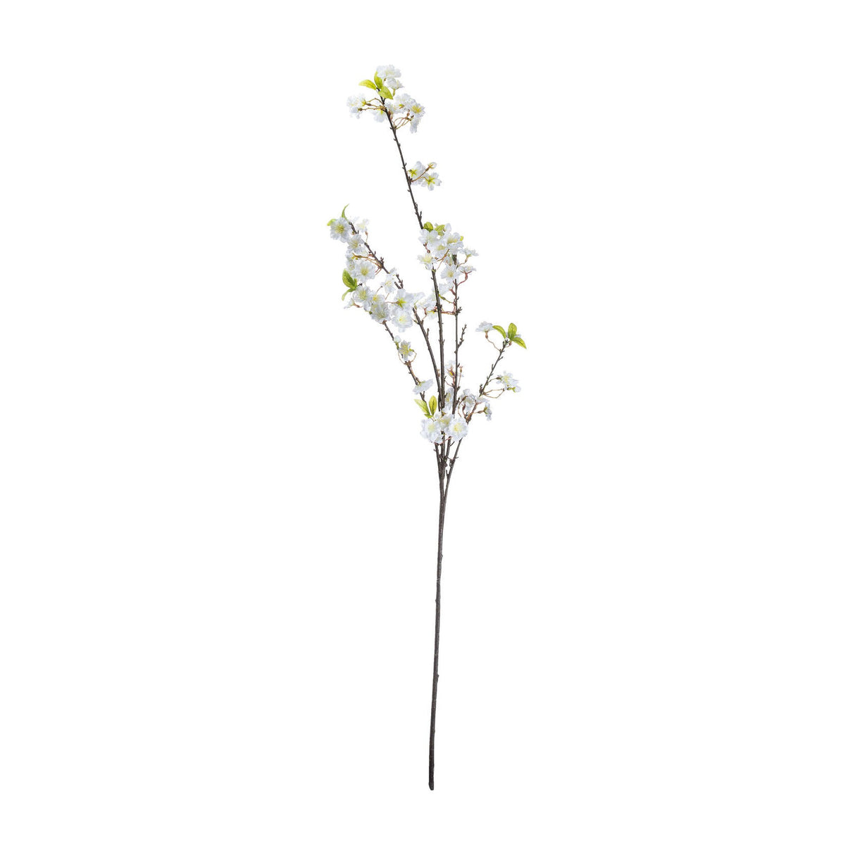 Hill Interiors White Cherry Blossom Spray with delicate white blooms and small green leaves along a tall arching dark branch, on a white background.