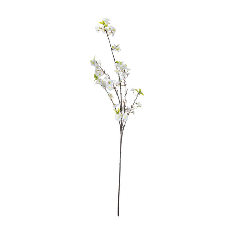 Hill Interiors White Cherry Blossom Spray with delicate white blooms and small green leaves along a tall arching dark branch, on a white background.