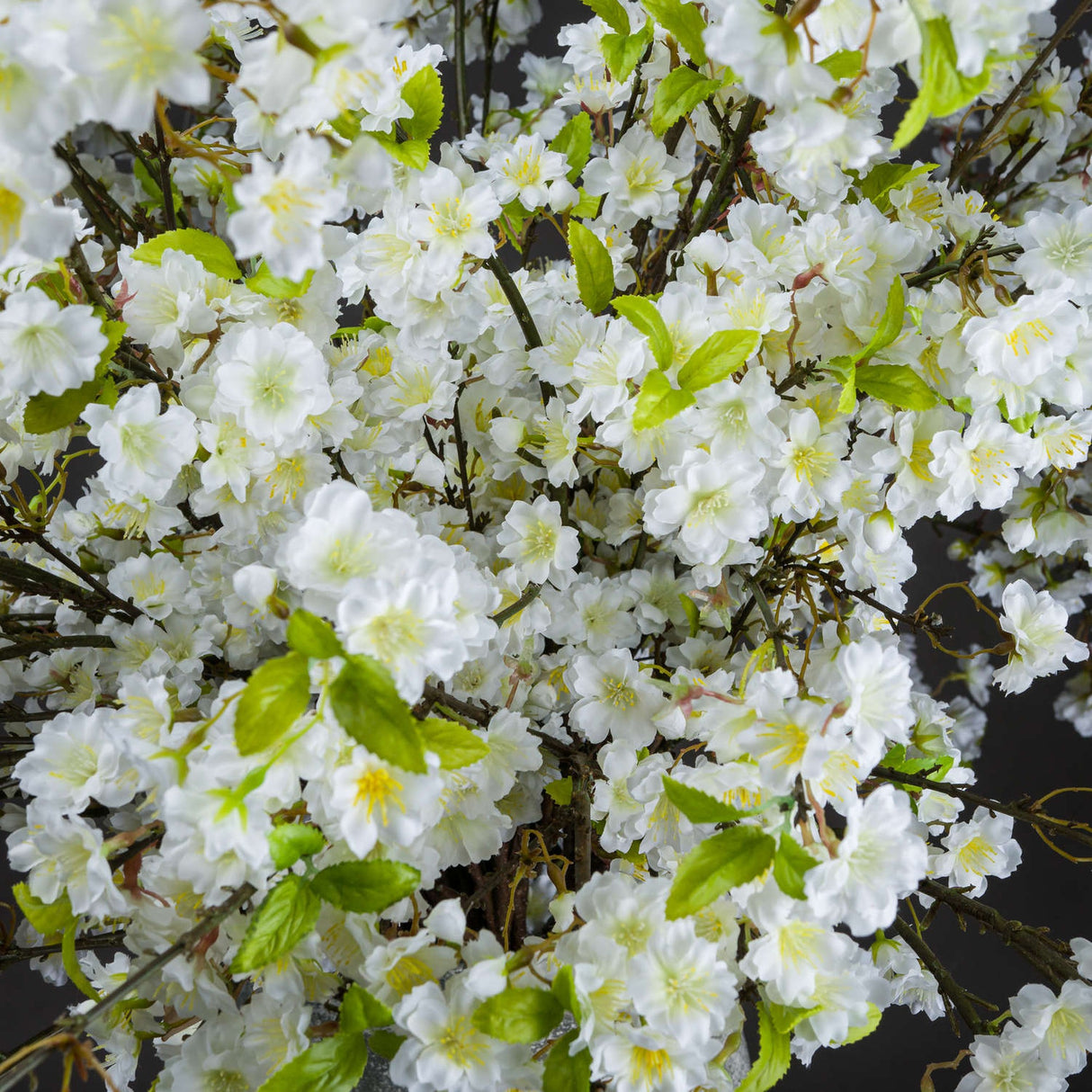 Close-up of the Hill Interiors White Cherry Blossom Spray showing dense clusters of white five-petalled faux blooms with yellow centres and green leaves.