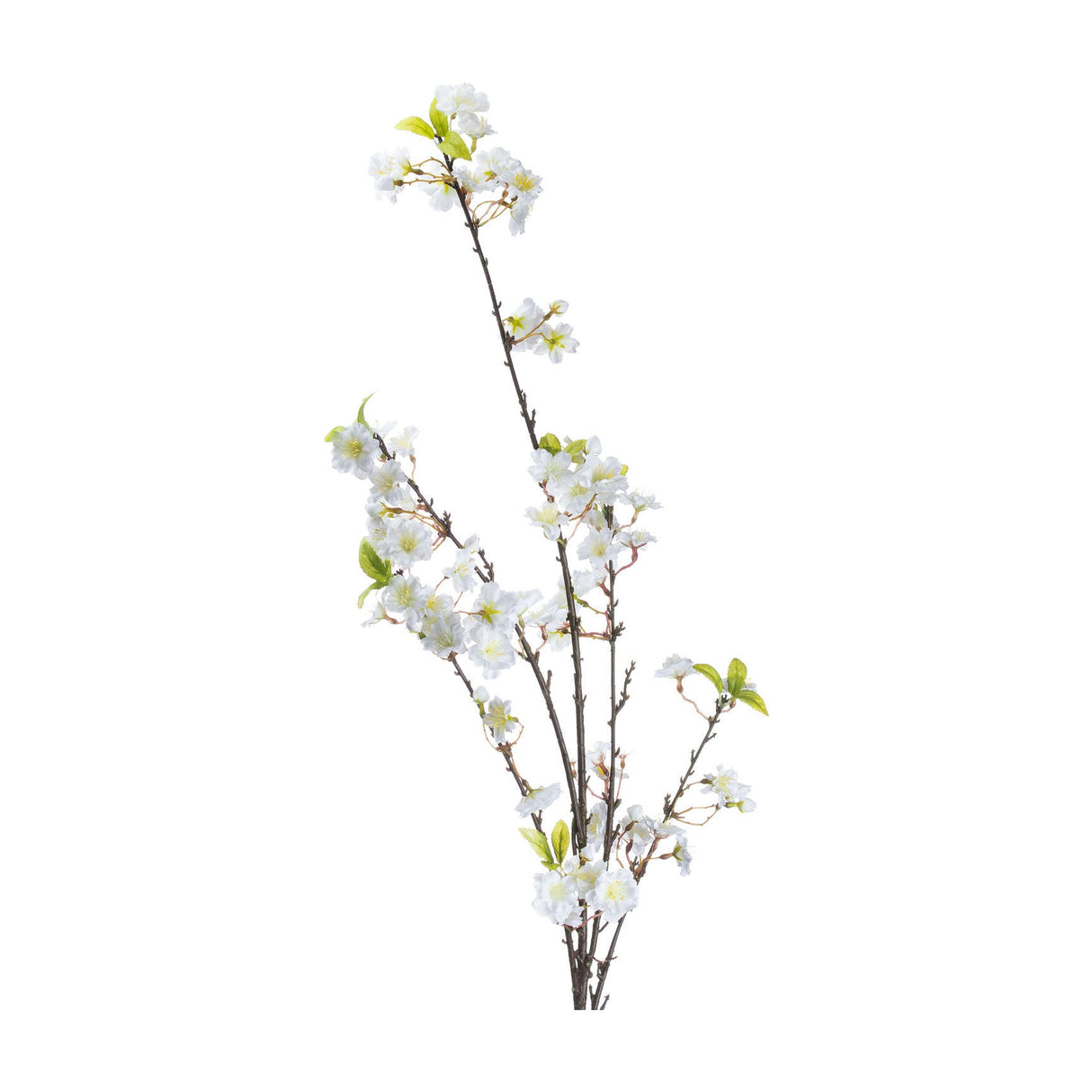 Hill Interiors White Cherry Blossom Spray with five-petalled white blooms and small green leaves along slender arching branches on a white background.