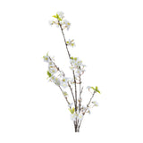 Hill Interiors White Cherry Blossom Spray with five-petalled white blooms and small green leaves along slender arching branches on a white background.