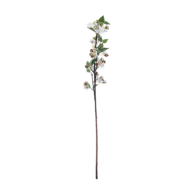 Hill Interiors English Blossom Branch, a 90cm faux stem with clusters of white blossom, buds and green leaves on a brown bendable branch, on white.