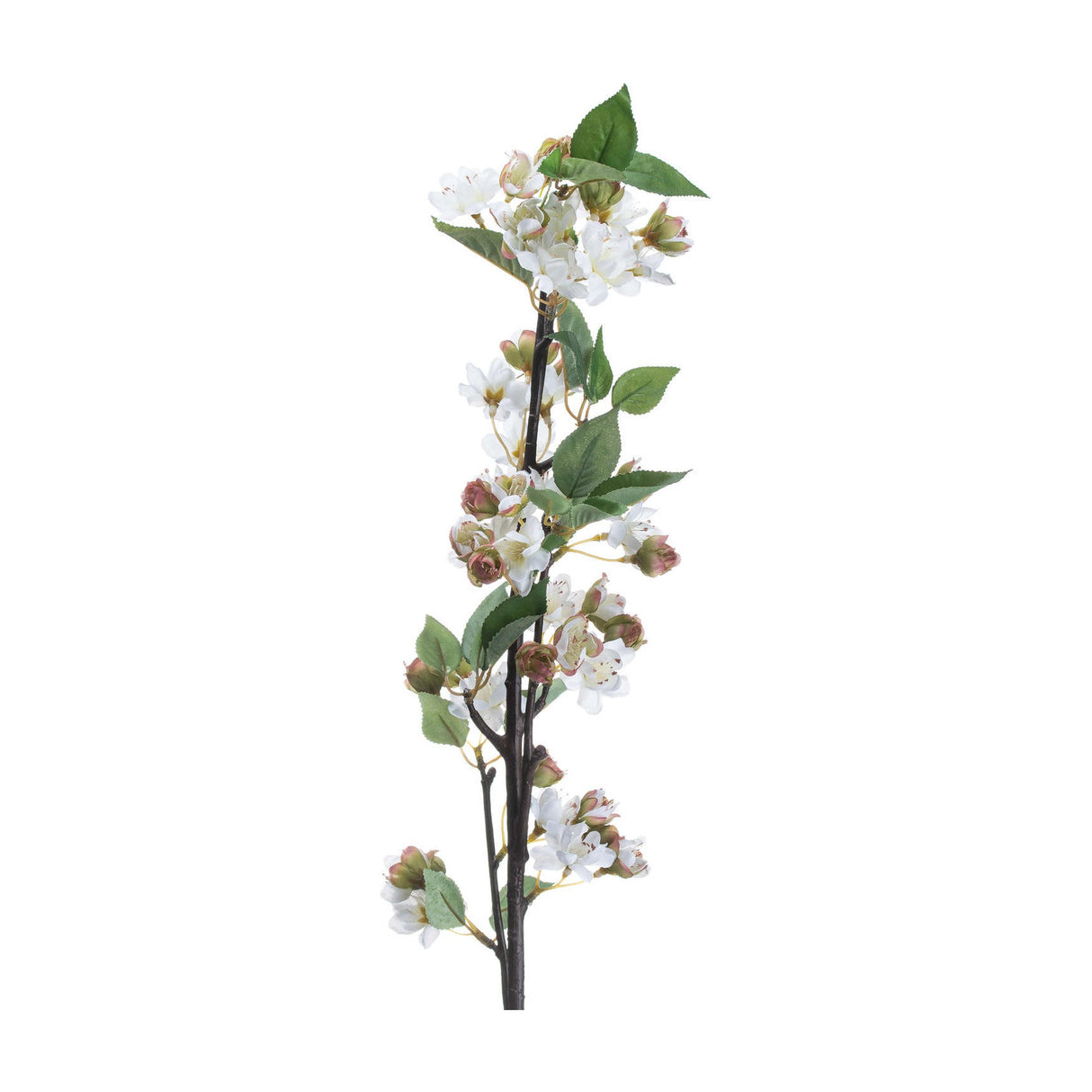 Hill Interiors English Blossom Branch faux stem with white blossoms, pink buds and green leaves on a bendable brown branch, shown on a white background.