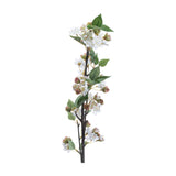 Hill Interiors English Blossom Branch faux stem with white blossoms, pink buds and green leaves on a bendable brown branch, shown on a white background.