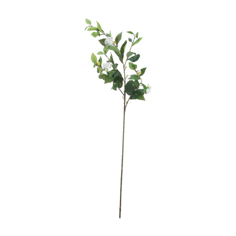 Hill Interiors Cream Gardenia Stem, a tall faux flower stem with small cream blooms and deep green leaves, shown on a plain white background.