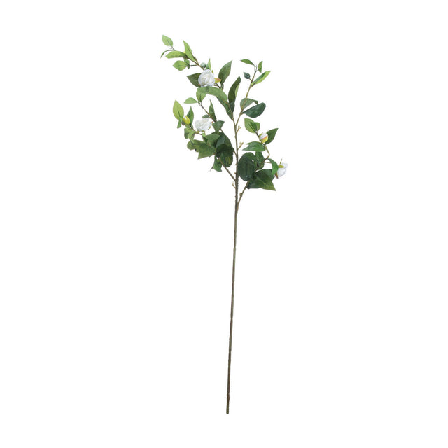 Hill Interiors Cream Gardenia Stem, a tall faux flower stem with small cream blooms and deep green leaves, shown on a plain white background.
