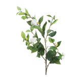 Hill Interiors Cream Gardenia Stem with white layered blooms, buds, and deep green veined leaves on a bendable branch, shown against a plain white background.