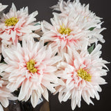 Hill Interiors Lush Pink Dahlia faux flower stems with layered pale pink petals and yellow centres, arranged in a close bouquet against a dark background.