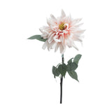 Hill Interiors Lush Pink Dahlia faux flower stem with layered pink petals, yellow centre and green leaves on a plain white background.