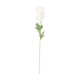 Hill Interiors Cream Ranunculus faux stem with two layered cream blooms, pale green centres and green leaves on a tall wired stem, shown on a white background.