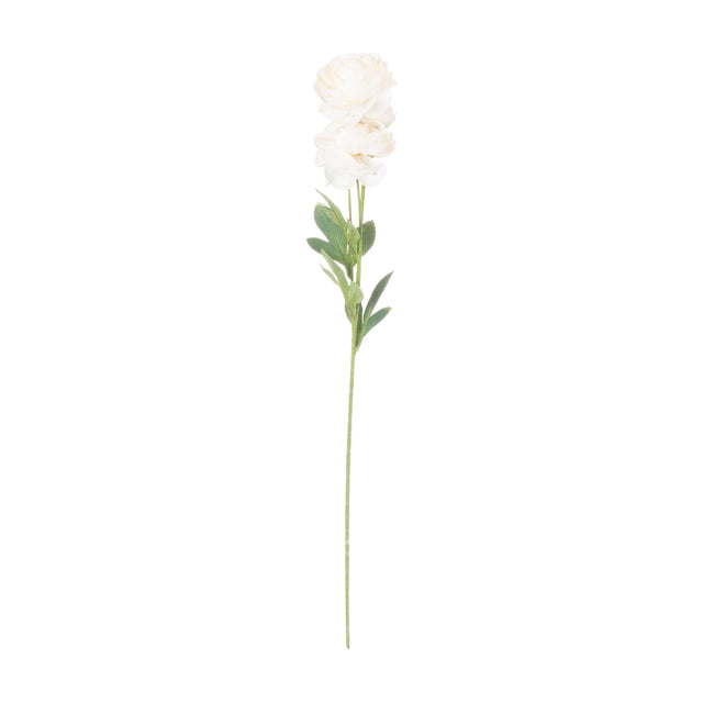 Hill Interiors Cream Ranunculus faux stem with two layered cream blooms, pale green centres and green leaves on a tall wired stem, shown on a white background.
