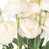 Close-up of Hill Interiors Cream Ranunculus faux stems showing layered tissue-thin cream petals, pale green centres and slim green wired stems.