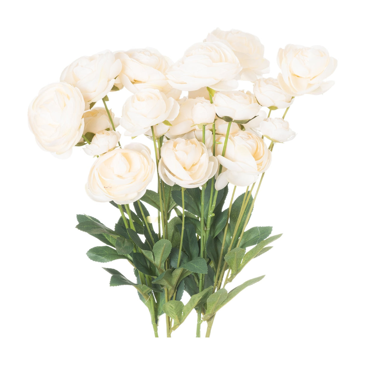 Hill Interiors Cream Ranunculus faux stems with layered cream petals and green leafy stems, arranged as a full bouquet on a plain white background.