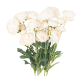 Hill Interiors Cream Ranunculus faux stems with layered cream petals and green leafy stems, arranged as a full bouquet on a plain white background.