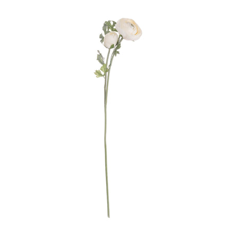 Hill Interiors Soft Cream Ranunculus faux stem with one open bloom and a tight bud on a slender green stalk with leaves, on a white background.