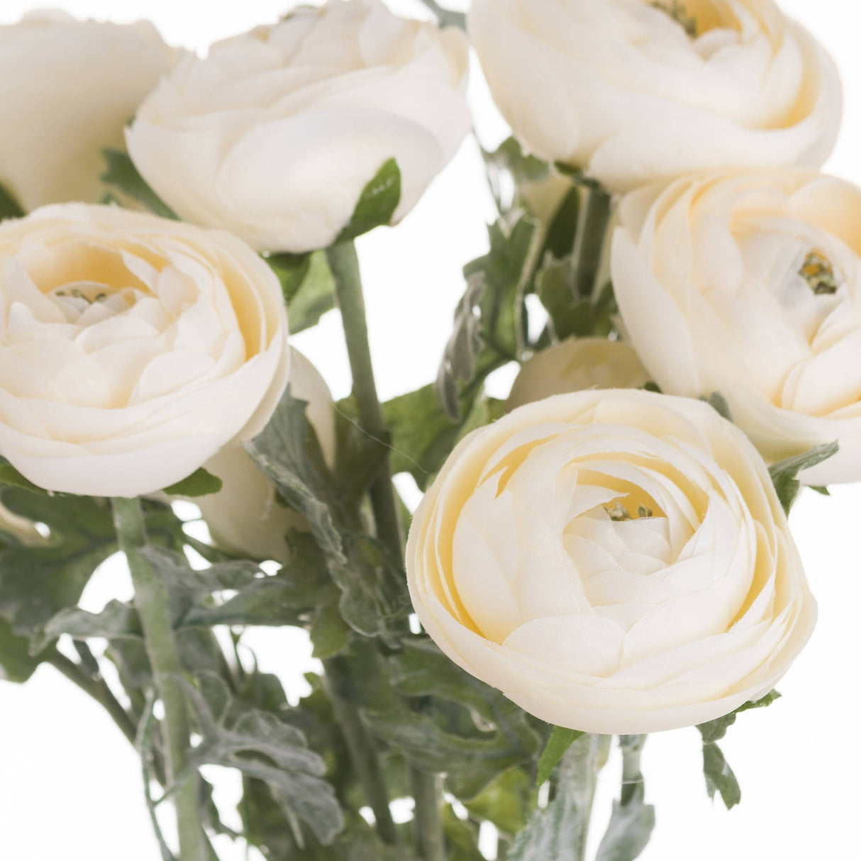 Close-up of Hill Interiors Soft Cream Ranunculus faux stems with layered cream blooms and green leaves against a plain white background.