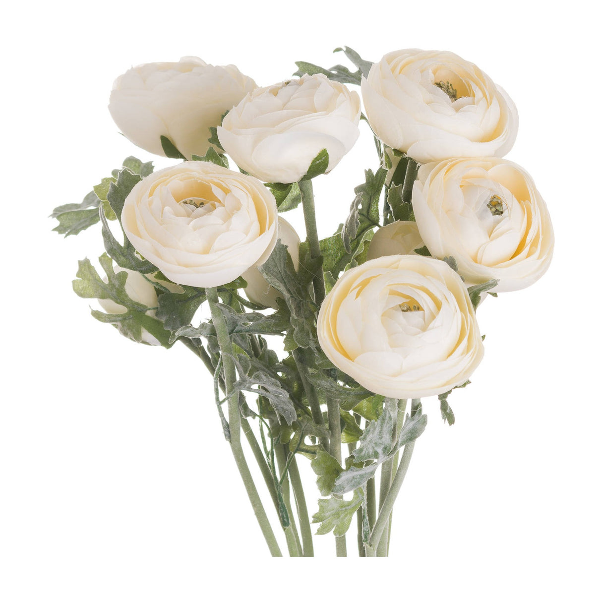 Hill Interiors Soft Cream Ranunculus faux stems with layered cream blooms and green foliage, shown against a plain white background.