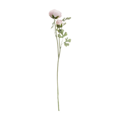 Hill Interiors Pastel Pink Ranunculus faux stem with a full bloom, smaller bud, and slim green leaves on a bendable stem against a white background.