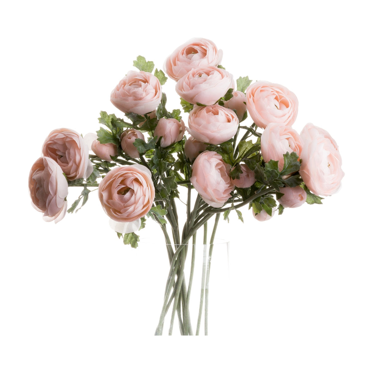 Hill Interiors Pastel Pink Ranunculus faux stems arranged with layered blooms, buds and green foliage in a clear glass vase against a white background.
