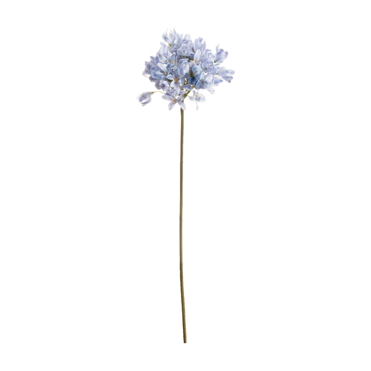 Hill Interiors light blue large headed agapanthus faux flower stem with a rounded cluster of blue florets on a long bendable stem, shown on a white background.