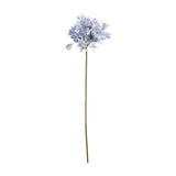 Hill Interiors light blue large headed agapanthus faux flower stem with a rounded cluster of blue florets on a long bendable stem, shown on a white background.