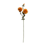 Hill Interiors Orange Dahlia Spray faux stem with two layered orange blooms, a small bud and green foliage on a tall stem, shown on a white background.
