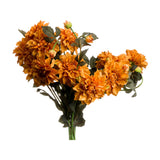 Hill Interiors Orange Dahlia Spray faux stems with layered pompom blooms, buds and dark green foliage, arranged upright against a white background.