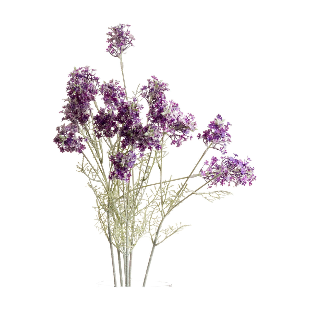 Hill Interiors Purple Meadow Flower faux stems with clustered purple blooms and fine pale green foliage, shown against a plain white background.