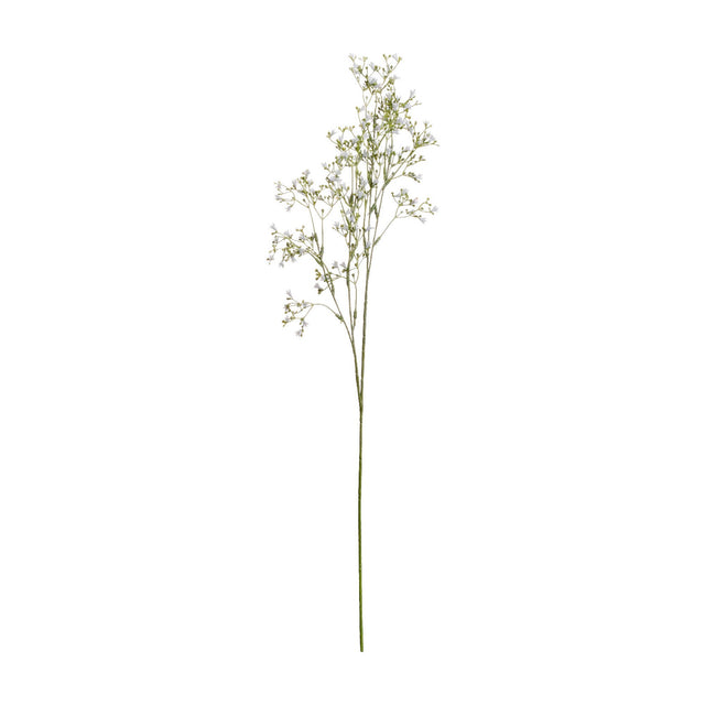 Hill Interiors White Gypsophila Spray, a 72cm faux baby's breath stem with tiny white blooms and buds on fine green branches, on a plain white background.