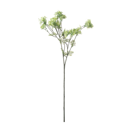 Hill Interiors Green Plumb Blossom Spray, a tall faux stem with clusters of small green blossoms and fine foliage, shown on a plain white background.