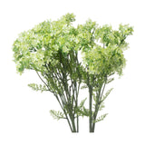Hill Interiors Green Plumb Blossom Spray, a faux stem with clusters of small green blossoms and fine foliage on slender branches, on a white background.