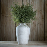 Hill Interiors Asparagus Fern Bunch with feathery green fronds arranged in a tall white ceramic vase against a wooden panel background.