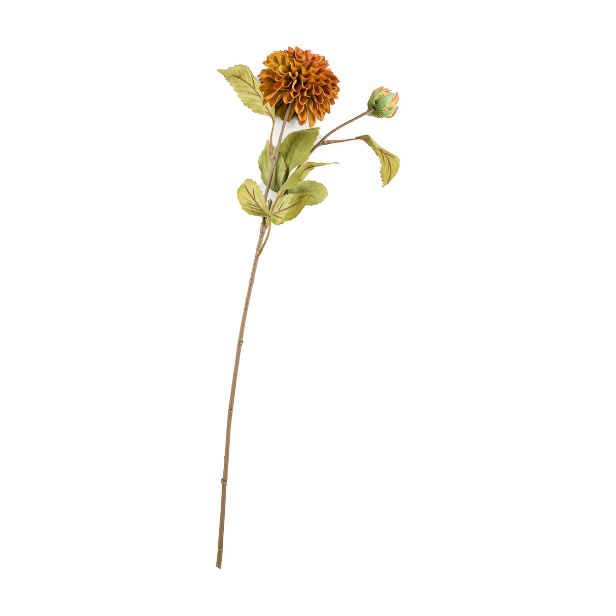 Hill Interiors Deep Mustard Dahlia Stem with a layered golden-orange bloom, small green bud, and green leaves on a long stem against a white background.