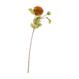 Hill Interiors Deep Mustard Dahlia Stem with a layered golden-orange bloom, small green bud, and green leaves on a long stem against a white background.
